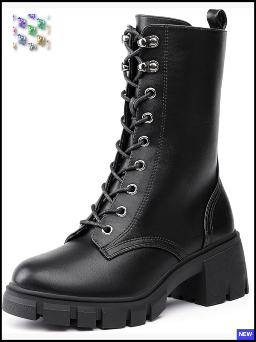 Mid Calf Combat Boots with Platform Lug Sole Chunky Block Heel Side Zipper Lace